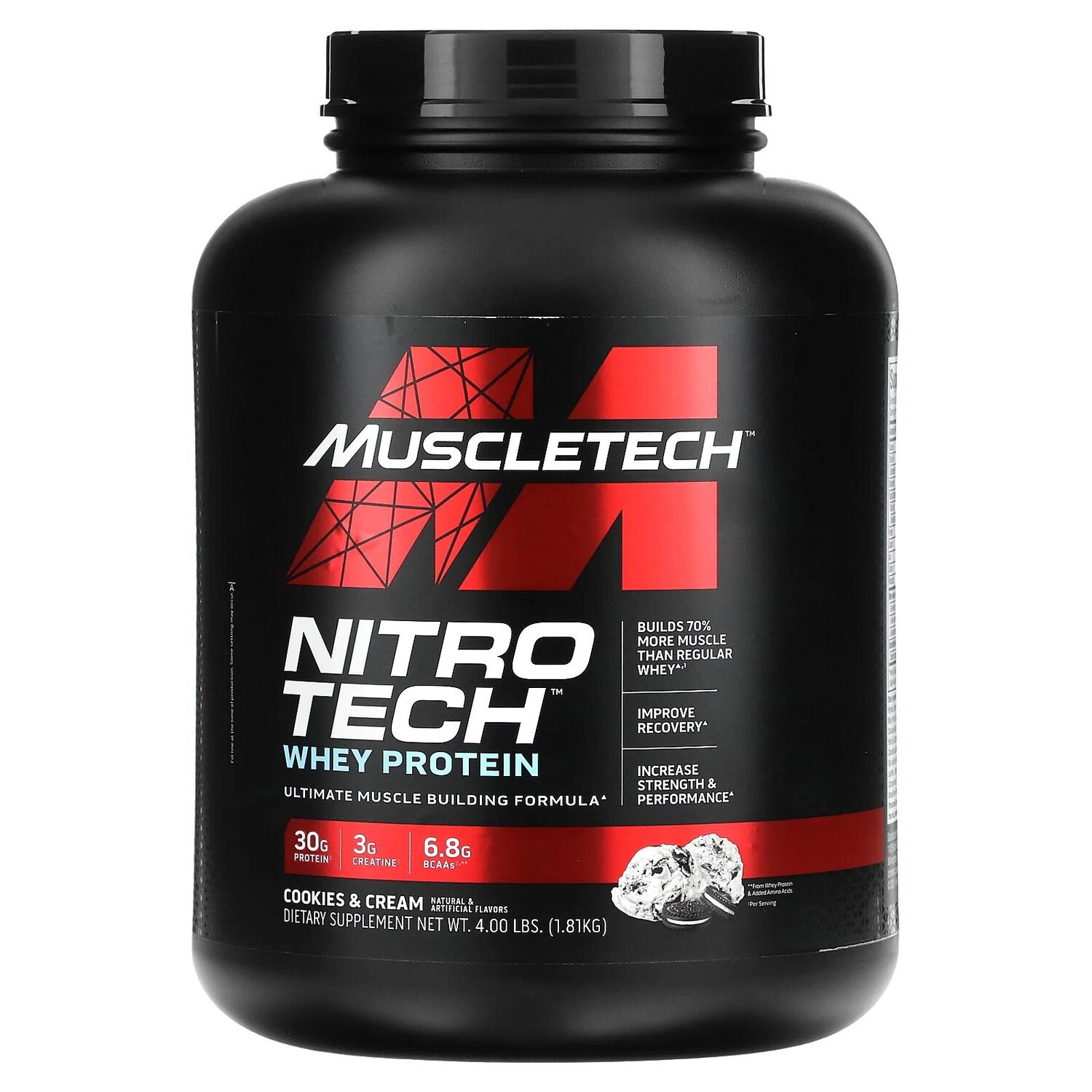 Muscletech Nitro Tech сывороточный изолят + смесь для роста сухой мышечной массы вкус печенья с кремом 1,80 кг (3,97 фунта)