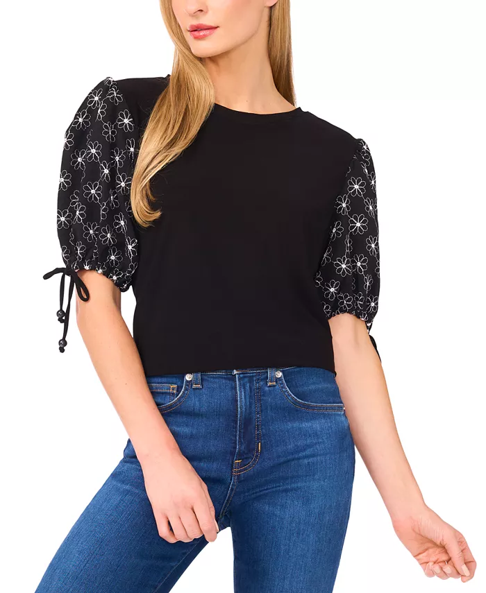 Женский вышитый трикотажный топ с рукавами-фонариками CeCe, черный
Женский вышитый трикотажный топ с рукавами-фонариками CeCe, черный
