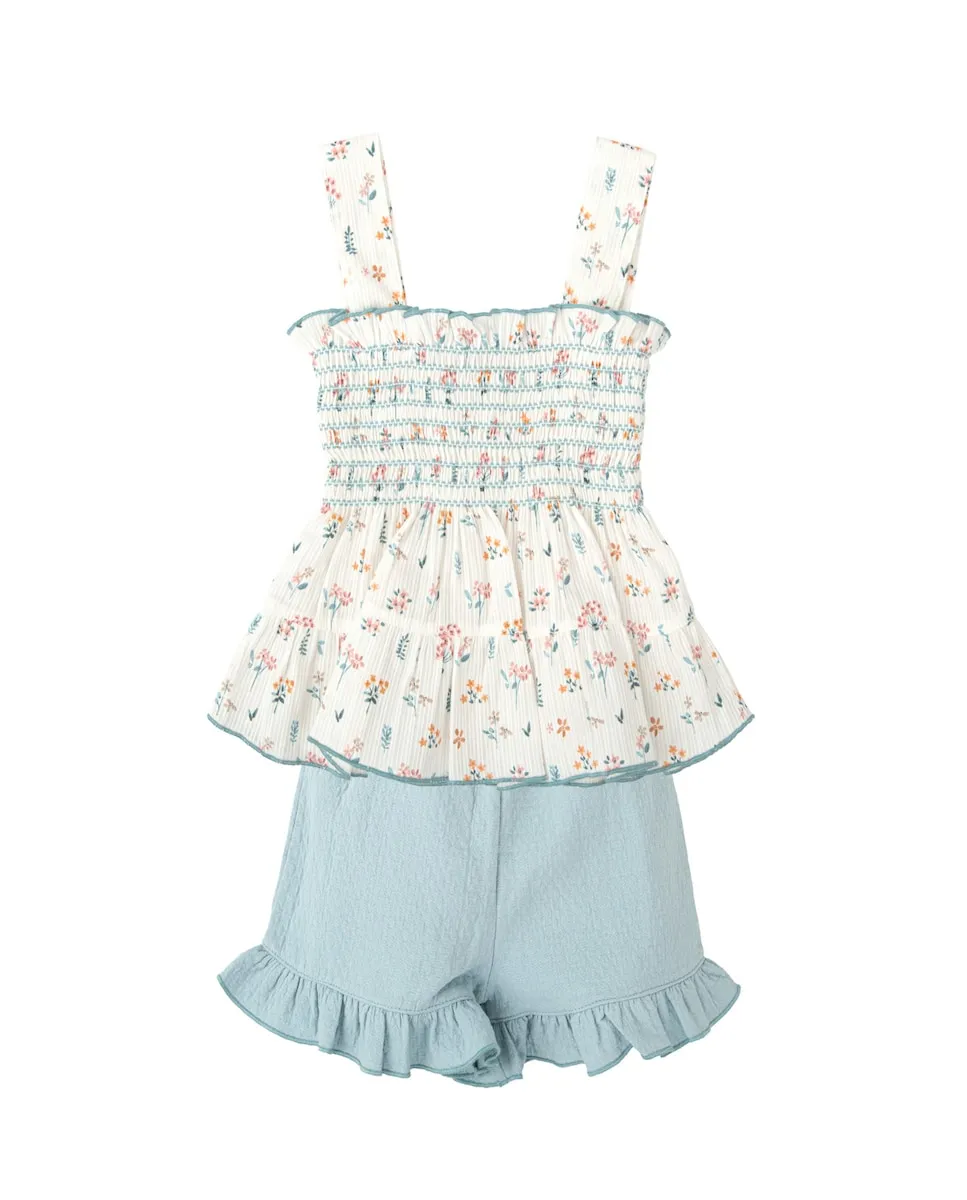 Детский комплект: цветочная блузка на бретелях и голубые шорты Babidú, светло-голубой 
Детский комплект: цветочная блузка на бретелях и голубые шорты Babidú, светло-голубой