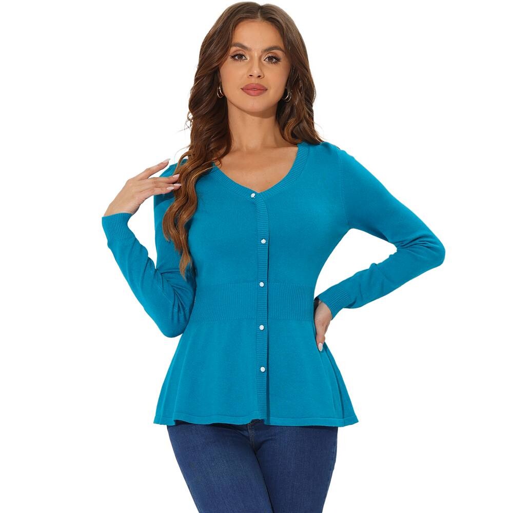 Женский пуловер в рубчик с V-образным вырезом и длинными рукавами, вязаные топы с баской ALLEGRA K, цвет Peacock Blue 
Женский пуловер в рубчик с V-образным вырезом и длинными рукавами, вязаные топы с баской ALLEGRA K, цвет Peacock Blue