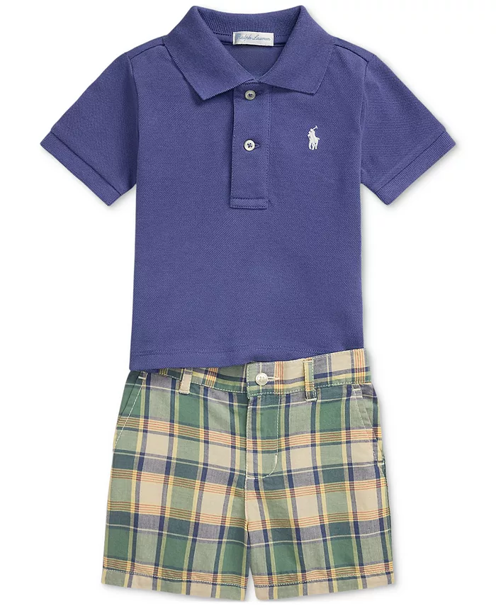 Детский комплект для мальчиков: поло и шорты Madras Polo Ralph Lauren, синий 
Детский комплект для мальчиков: поло и шорты Madras Polo Ralph Lauren, синий