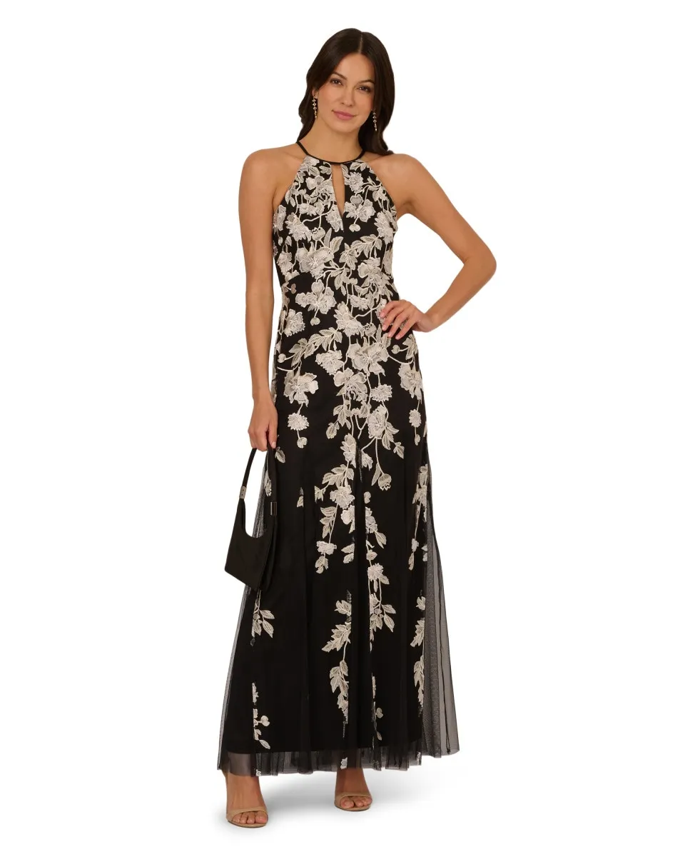 Длинное цветочное платье с тюлем и вырезом халтер Adrianna Papell, черный/белый
Длинное цветочное платье с тюлем и вырезом халтер Adrianna Papell, черный/белый