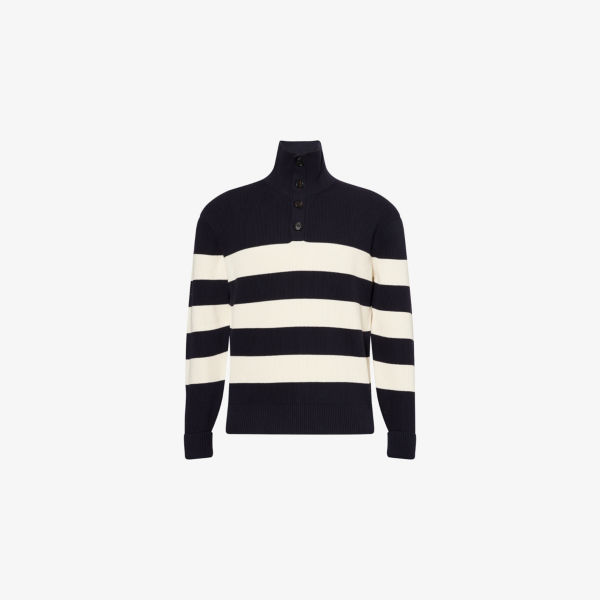 Джемпер Dunhill из хлопка с высоким воротом полосатый вязаный, синий
Джемпер Dunhill из хлопка с высоким воротом полосатый вязаный, синий