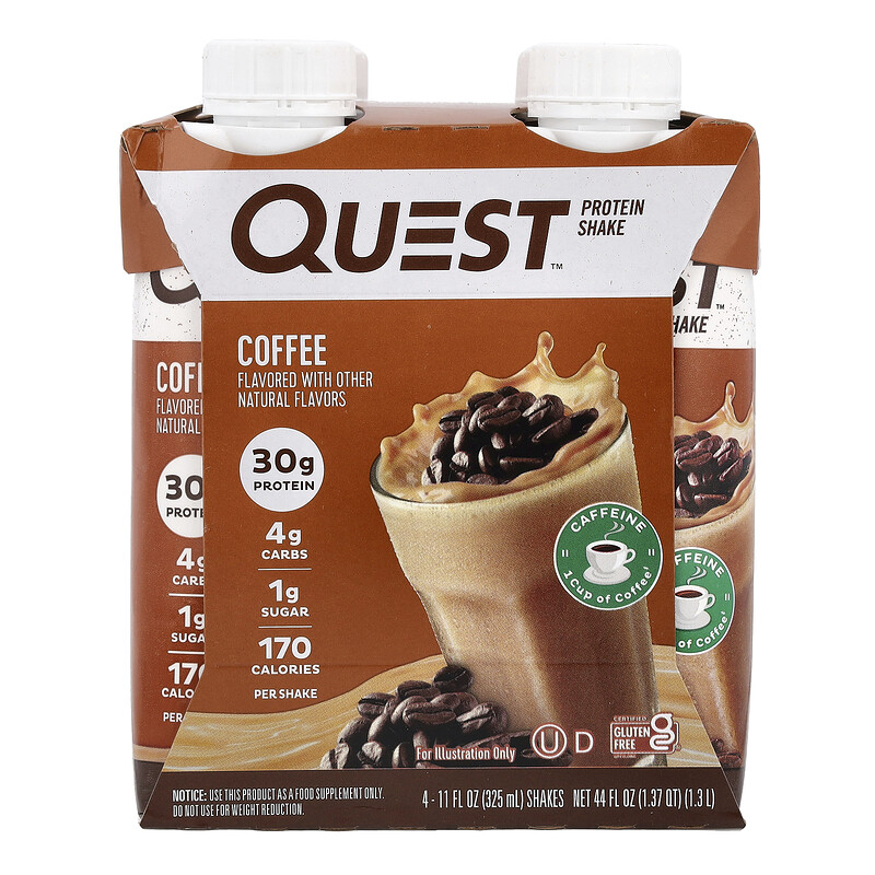 Quest Nutrition, Протеиновый коктейль, кофе, 4 коктейля, 325 мл (11 жидк. унц.) 
Quest Nutrition, Протеиновый коктейль, кофе, 4 коктейля, 325 мл (11 жидк. унц.)