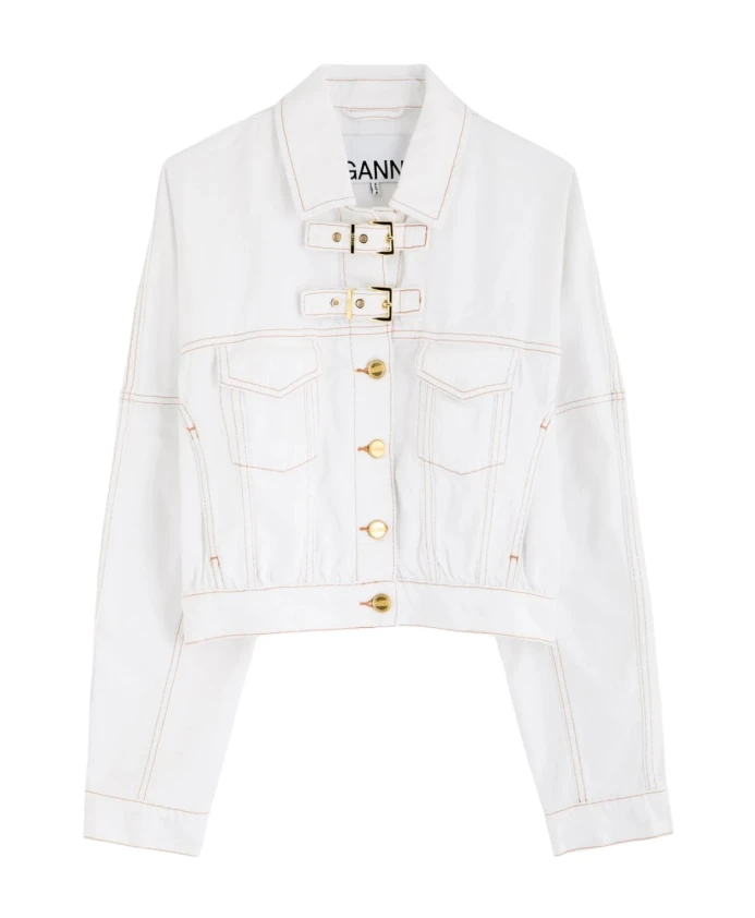 Белая джинсовая куртка с золотыми пуговицами Ganni, белый
Белая джинсовая куртка с золотыми пуговицами Ganni, белый