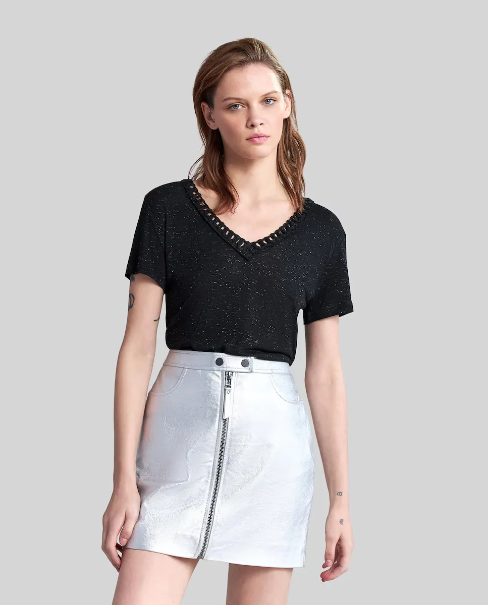 Женская футболка с короткими рукавами и V-образным вырезом IKKS, черный 
Женская футболка с короткими рукавами и V-образным вырезом IKKS, черный