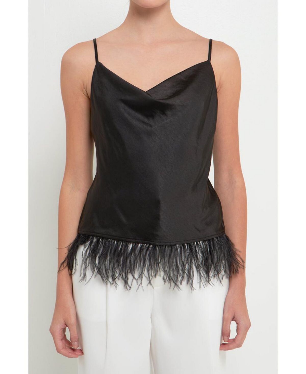 Женский атласный топ с воротником-хомутом и перьями endless rose, черный
Женский атласный топ с воротником-хомутом и перьями endless rose, черный