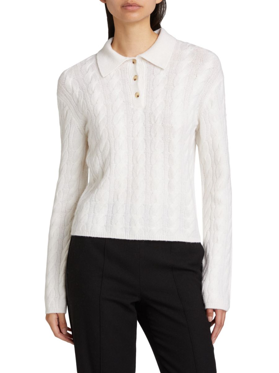 Свитер-поло из шерсти и кашемира с косичной вязкой Vince, белый 
Свитер-поло из шерсти и кашемира с косичной вязкой Vince, белый