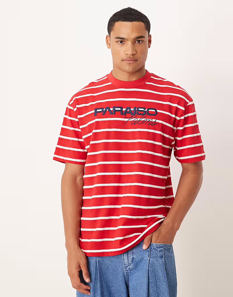 Свободная футболка со спортивной графикой в красно-белую полоску Asos Design
Свободная футболка со спортивной графикой в красно-белую полоску Asos Design