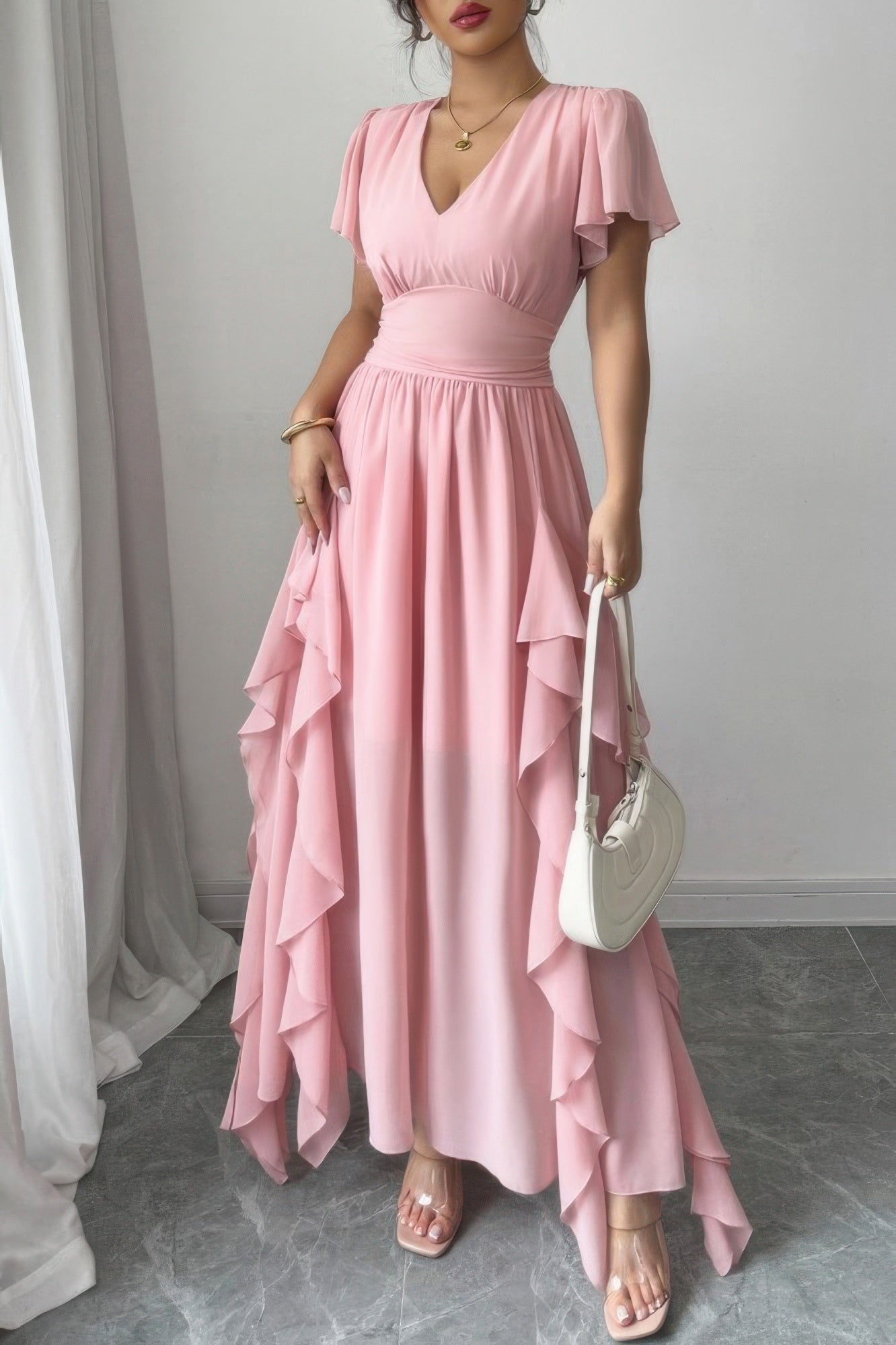 Сплошное платье с V-образным вырезом, высокой талией и рюшами по подолу TRUEDAMES, розовый
Сплошное платье с V-образным вырезом, высокой талией и рюшами по подолу TRUEDAMES, розовый