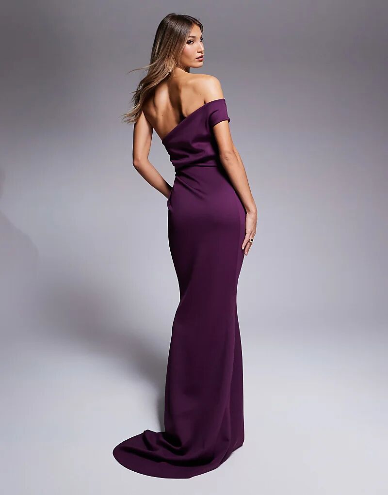 Платье макси премиум-класса с открытыми плечами и складками поперек тела в цвете сливы ASOS DESIGN 
Платье макси премиум-класса с открытыми плечами и складками поперек тела в цвете сливы ASOS DESIGN