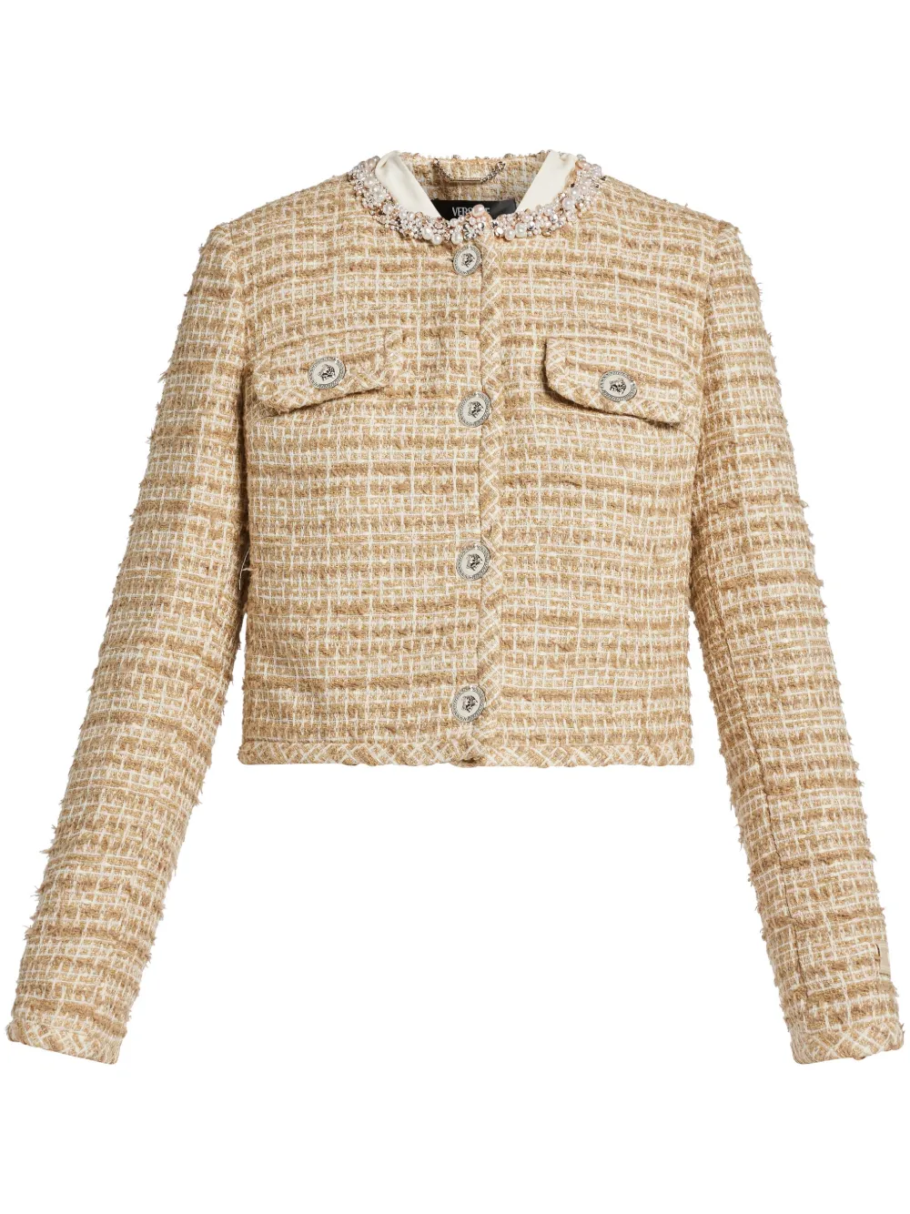 Твидовый жакет с кристаллами и оборками VERSACE, нейтральный
Твидовый жакет с кристаллами и оборками VERSACE, нейтральный