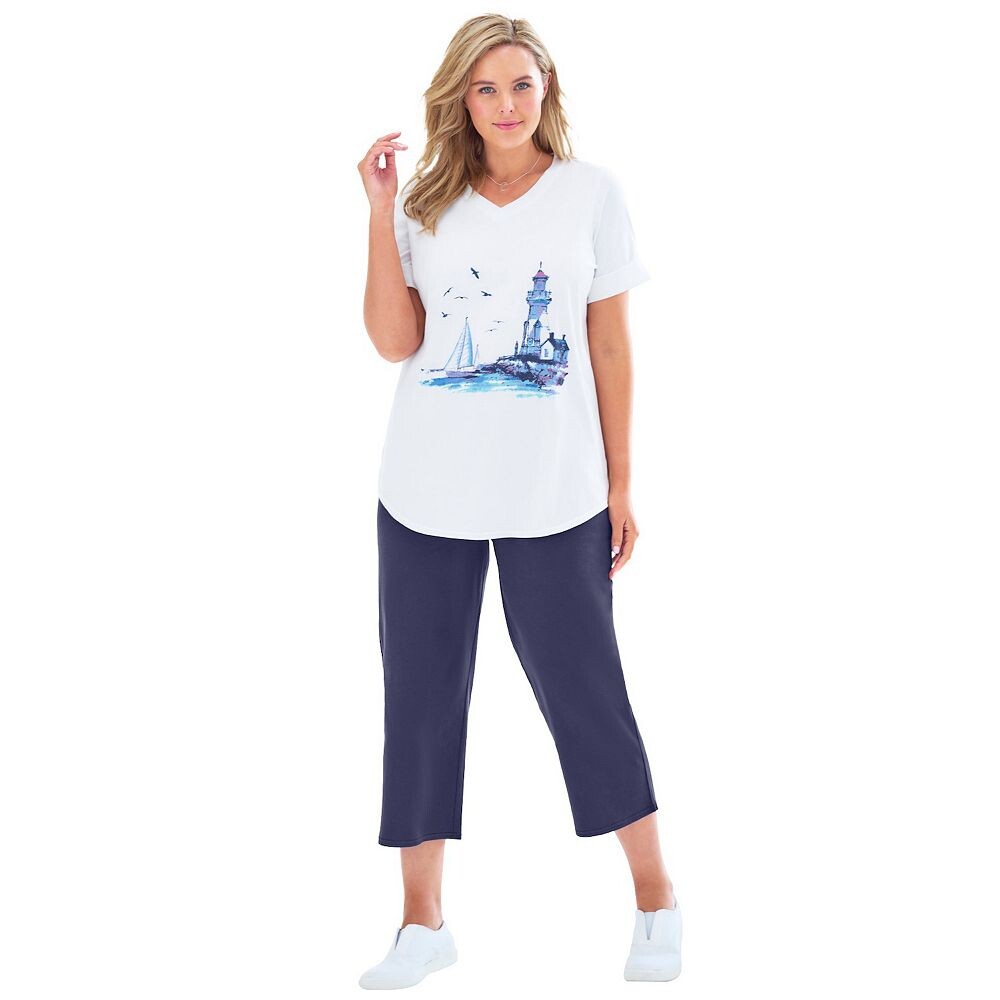 Женщина в женской тунике больших размеров из двух частей с v-образным вырезом и капри Woman Within, цвет Navy Seaside
Женщина в женской тунике больших размеров из двух частей с v-образным вырезом и капри Woman Within, цвет Navy Seaside