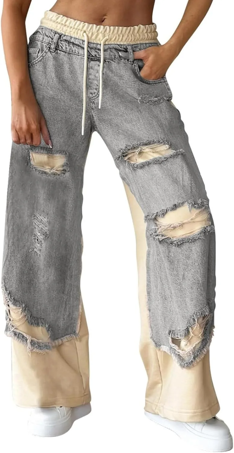Женские джинсы wide leg с рваными деталями и эластичным поясом
Женские джинсы wide leg с рваными деталями и эластичным поясом