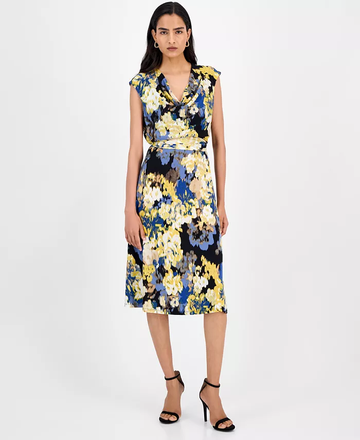 Женское платье миди с принтом, воротником-хомутом и завязкой на талии Kasper, черный 
Женское платье миди с принтом, воротником-хомутом и завязкой на талии Kasper, черный