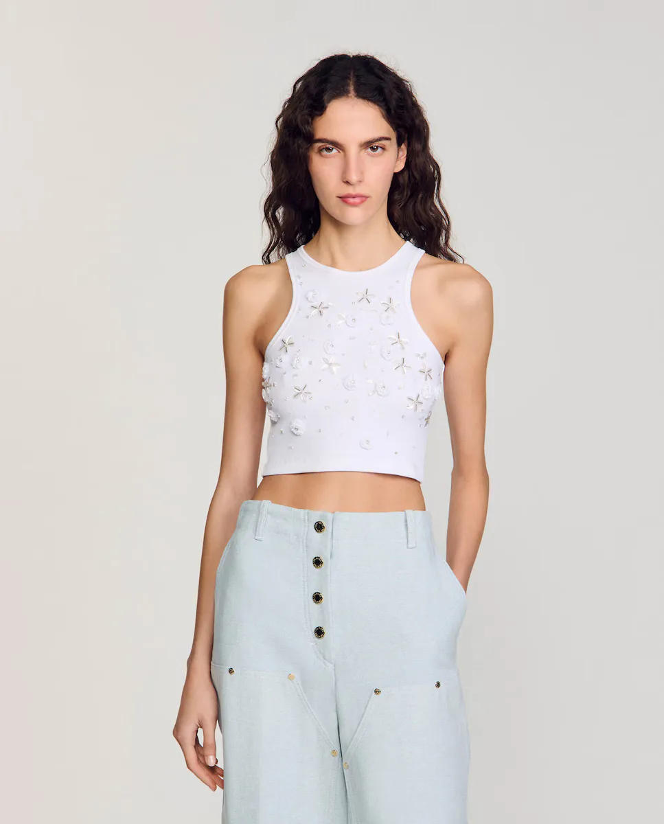 Женская футболка без рукавов со стразами и жемчугом Sandro, белый
Женская футболка без рукавов со стразами и жемчугом Sandro, белый