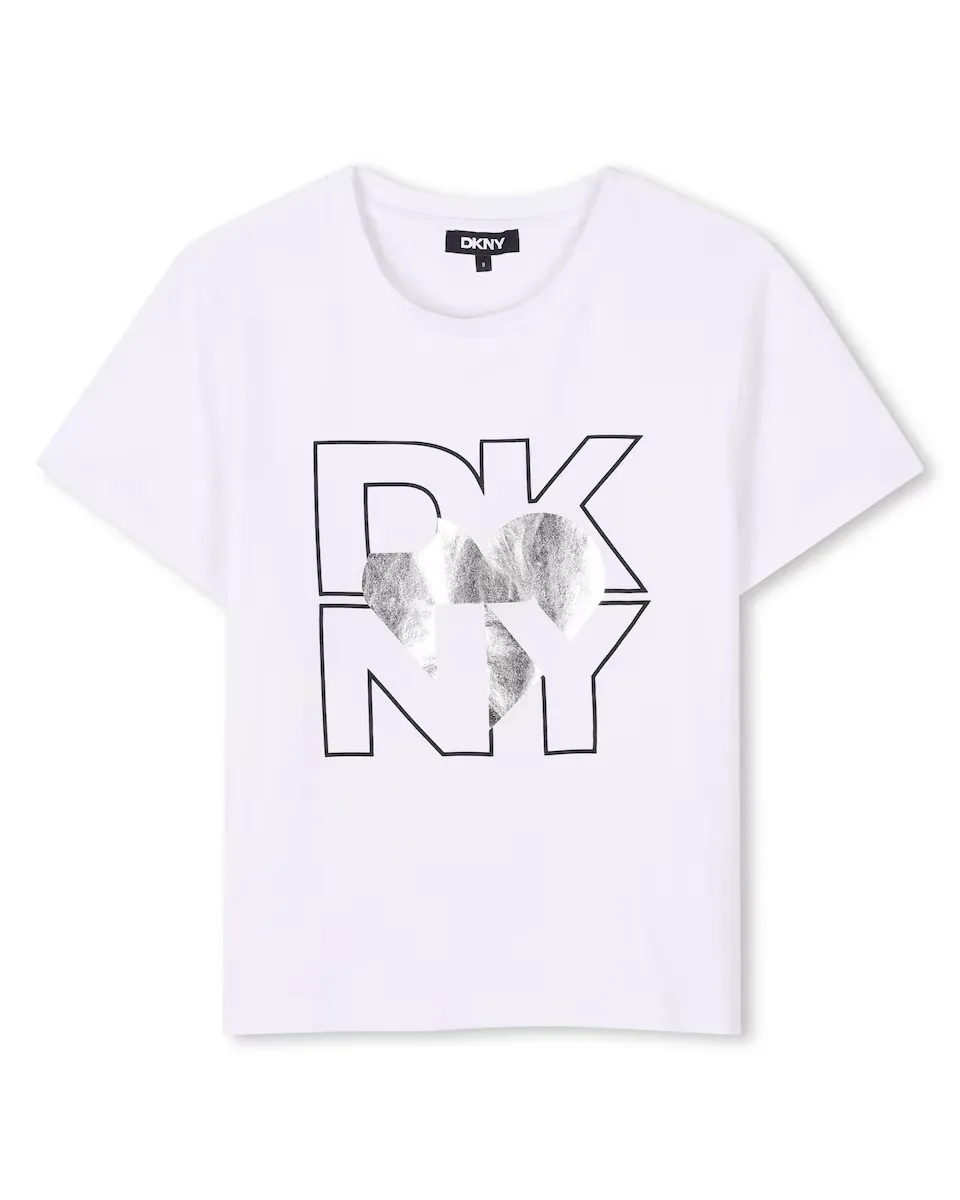 Футболка для девочки с короткими рукавами и рисунком спереди DKNY, белый 
Футболка для девочки с короткими рукавами и рисунком спереди DKNY, белый