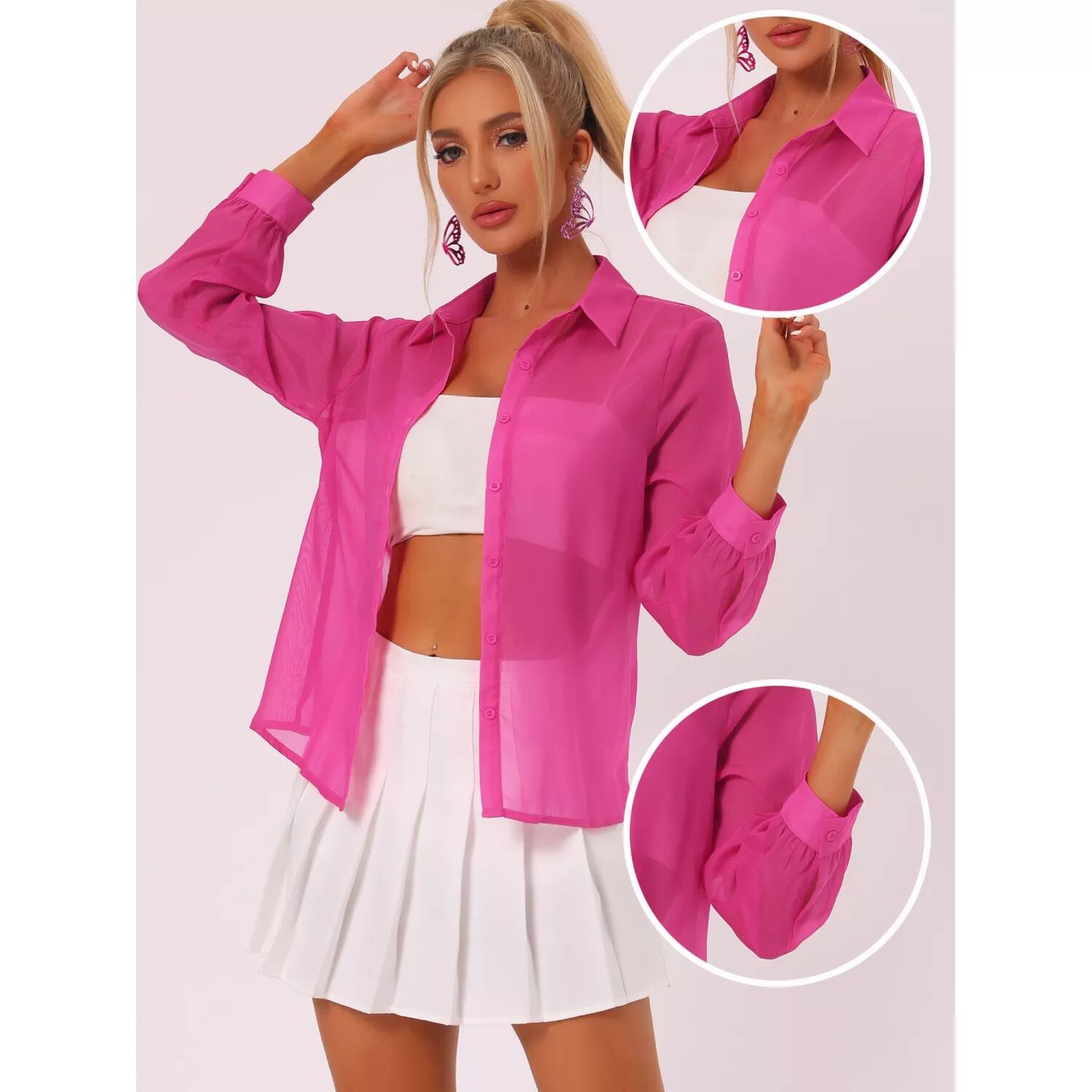 Женская сетчатая прозрачная рубашка с острым воротником и длинными рукавами на пуговицах ALLEGRA K, черный 
Женская сетчатая прозрачная рубашка с острым воротником и длинными рукавами на пуговицах ALLEGRA K, черный