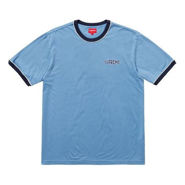 Футболка ss18 piping ringer tee light blue logo tee Supreme, голубой 
Футболка ss18 piping ringer tee light blue logo tee Supreme, голубой