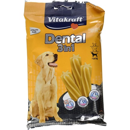 Закуска для ухода за зубами у собак Dental Care Snack Dental 3in1, M, от 10 кг, 1x 7 шт. среднего размера и Vitakraft
Закуска для ухода за зубами у собак Dental Care Snack Dental 3in1, M, от 10 кг, 1x 7 шт. среднего размера и Vitakraft