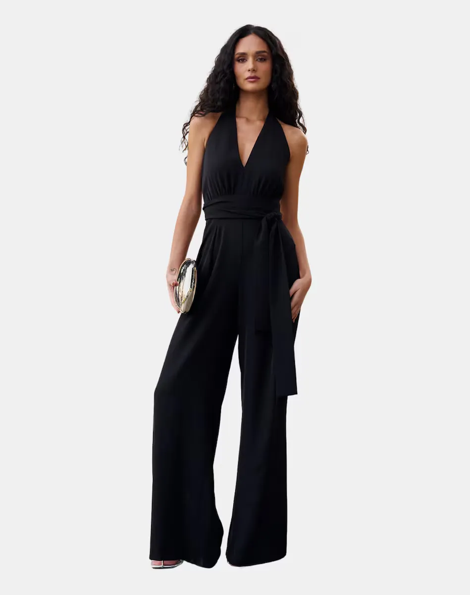 Комбинезон с V-образным вырезом и халтер-воротником MIPHAI, черный 
Комбинезон с V-образным вырезом и халтер-воротником MIPHAI, черный