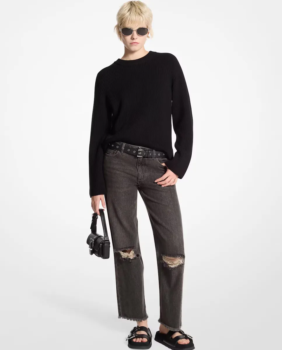 Женский свитер из мериносовой шерсти с отделкой в рубчик Michael Michael Kors, черный 
Женский свитер из мериносовой шерсти с отделкой в рубчик Michael Michael Kors, черный