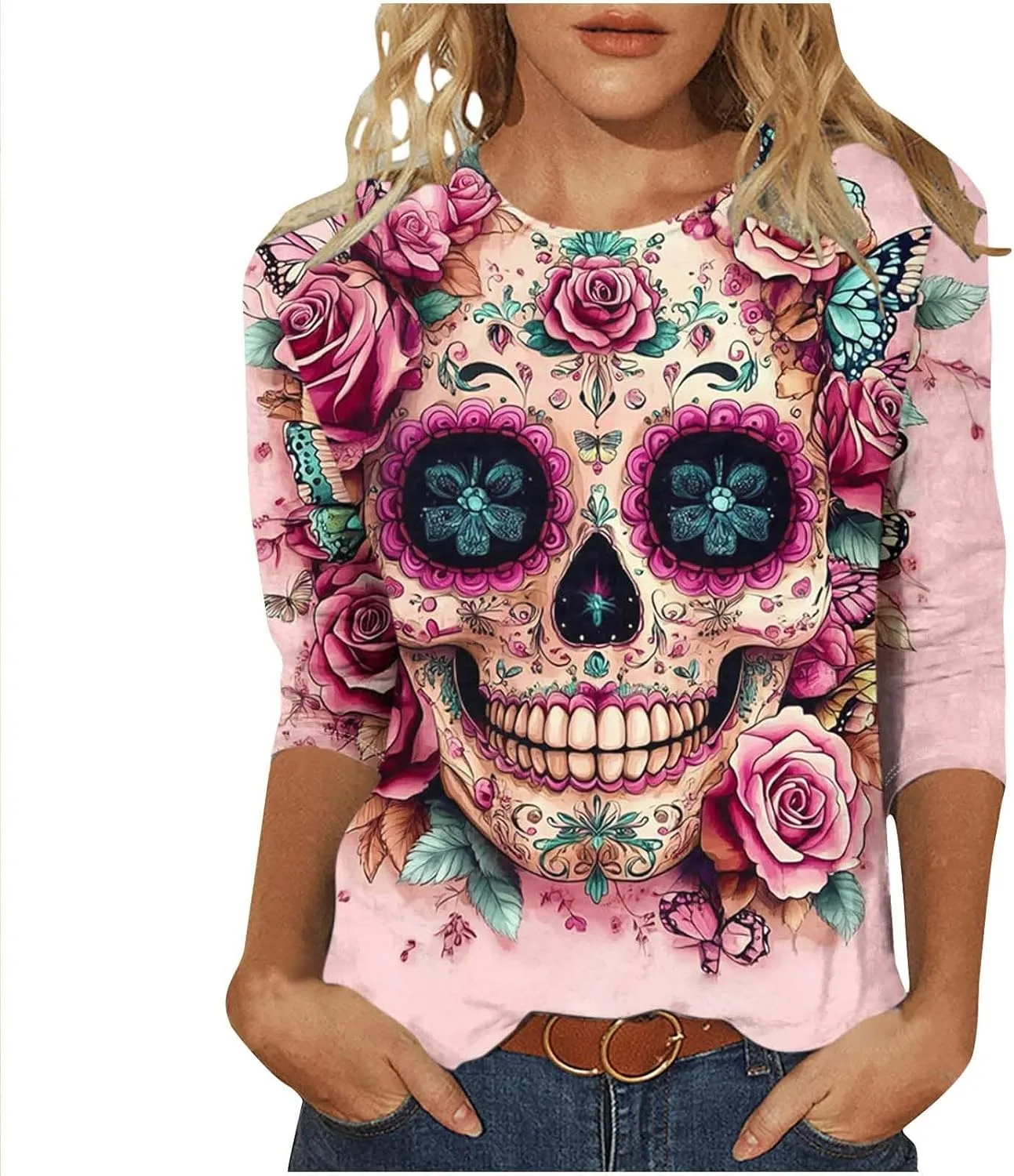 Женский топ с принтом, 3/4 рукава, цветочный и черепной принт Smxrfitk
Женский топ с принтом, 3/4 рукава, цветочный и черепной принт Smxrfitk