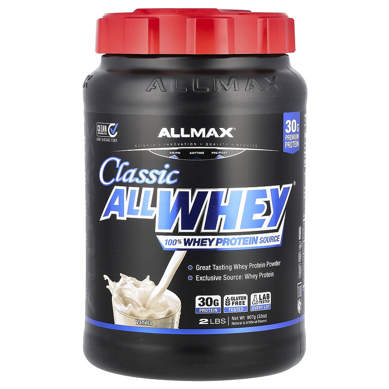 ALLMAX, Classic AllWhey, источник 100% сывороточного протеина, ванильный вкус, 907 г (2 фунта)
ALLMAX, Classic AllWhey, источник 100% сывороточного протеина, ванильный вкус, 907 г (2 фунта)