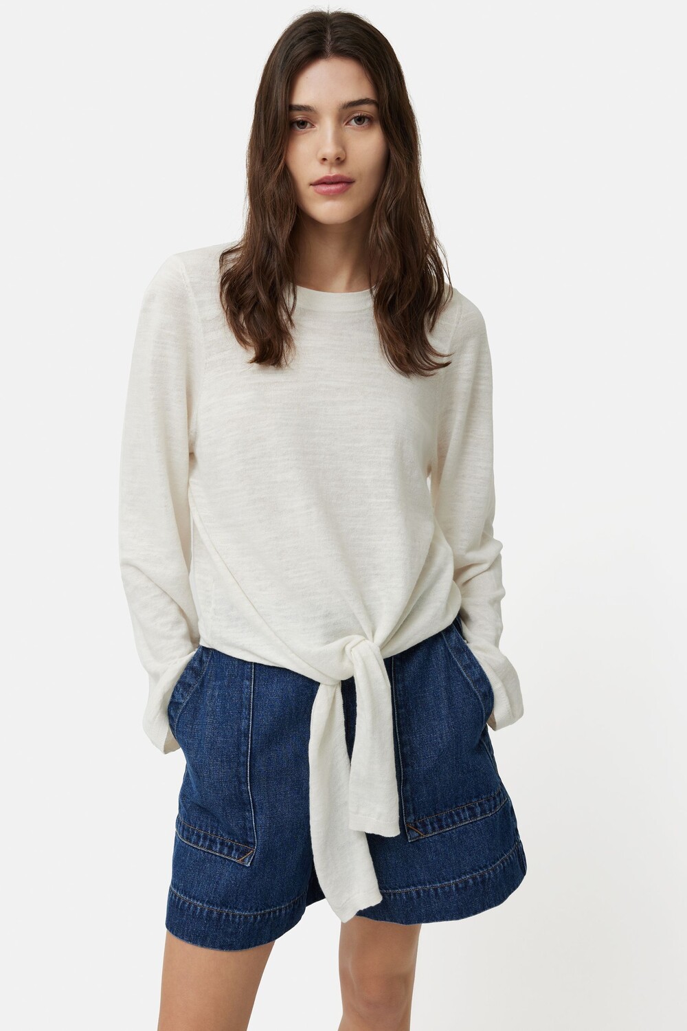 Льняной хлопковый свитер с завязками Jigsaw, белый
Льняной хлопковый свитер с завязками Jigsaw, белый