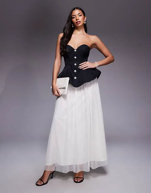 Однотонное скульптурное платье-бандо с плиссированной сетчатой юбкой добби ASOS LUXE
Однотонное скульптурное платье-бандо с плиссированной сетчатой юбкой добби ASOS LUXE