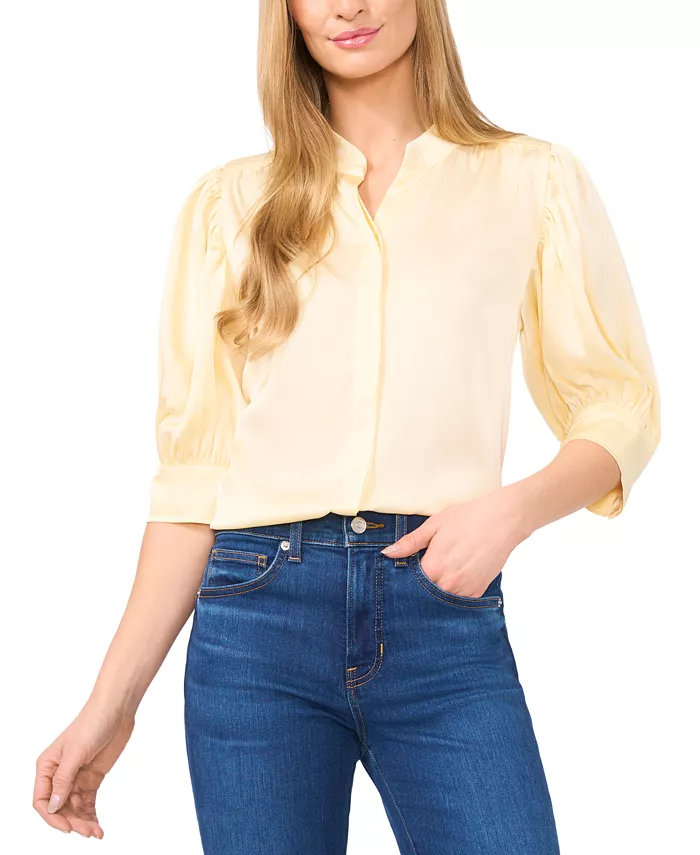 Женская блузка из сатина с присборенными рукавами 3/4 CeCe, желтый 
Женская блузка из сатина с присборенными рукавами 3/4 CeCe, желтый