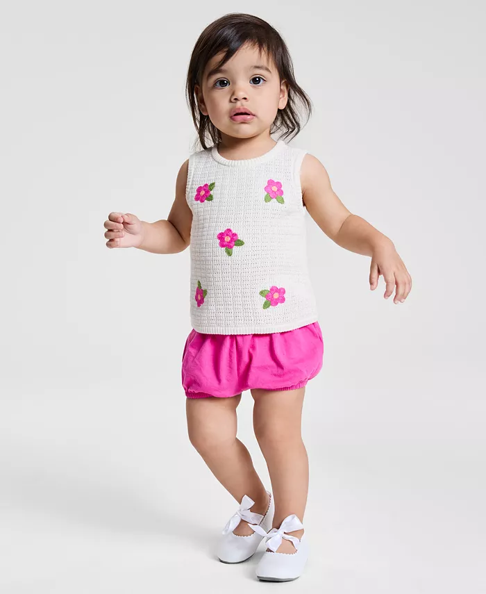 Детский комплект для девочек: топ с хлопковым кружевом и цветком + шорты, 2 предмета First Impressions, розовый 
Детский комплект для девочек: топ с хлопковым кружевом и цветком + шорты, 2 предмета First Impressions, розовый