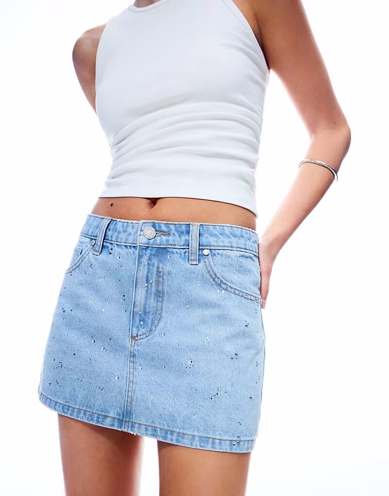 Мини-юбка из мерцающего денима Bershka светло-голубого цвета
Мини-юбка из мерцающего денима Bershka светло-голубого цвета