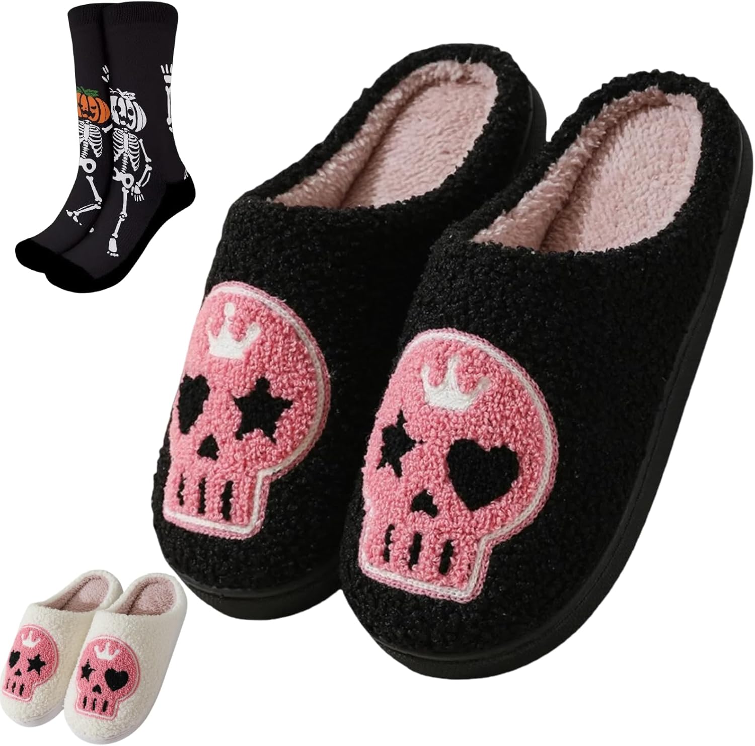Тапочки и носки с черепом на Хэллоуин для женщин и мужчин, милые теплые плюшевые мягкие домашние с рисунком, модные, с нескользящей подошвой Elirar, черный
Тапочки и носки с черепом на Хэллоуин для женщин и мужчин, милые теплые плюшевые мягкие домашние с рисунком, модные, с нескользящей подошвой Elirar, черный