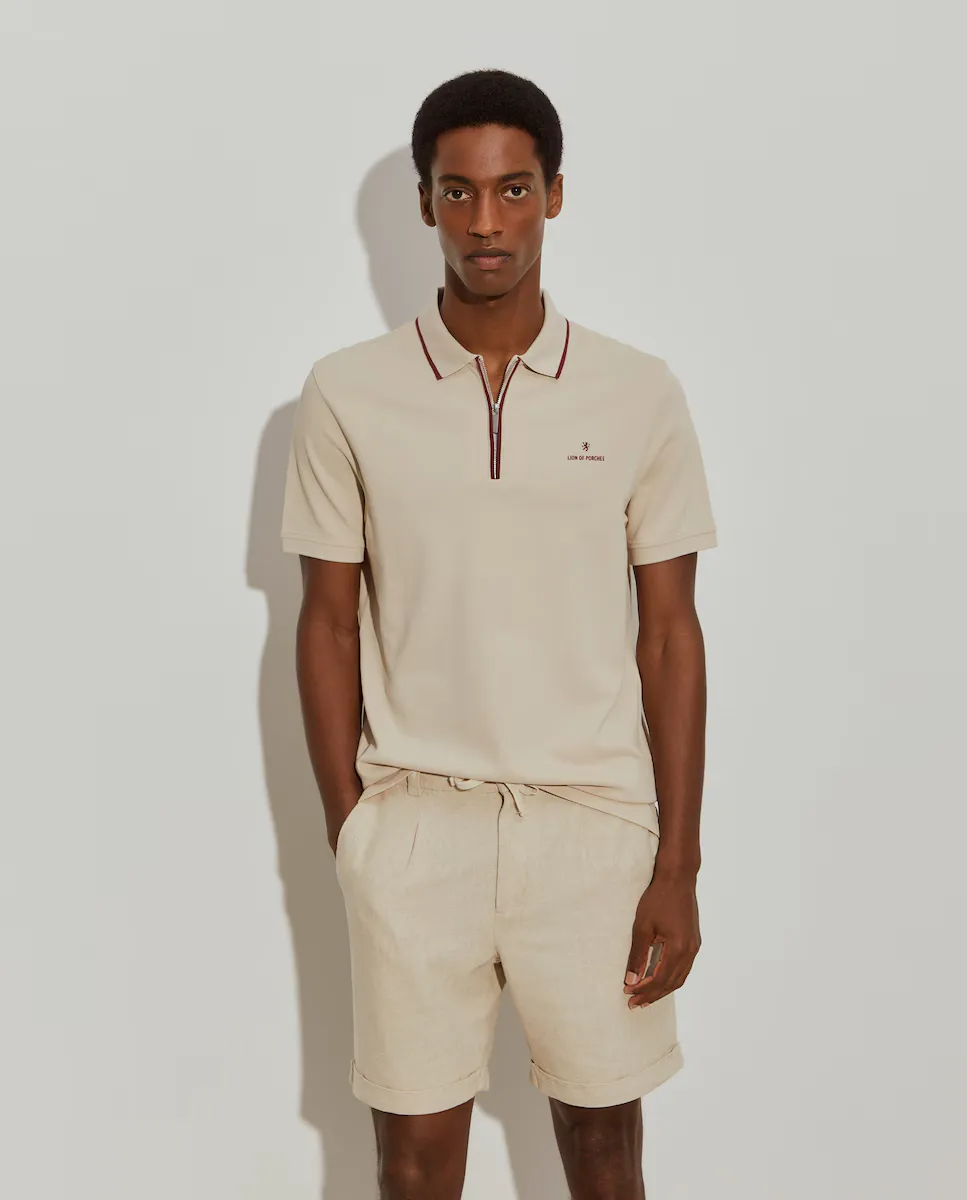Мужской поло-пике двухцветное с молнией Lion of Porches, бежевый 
Мужской поло-пике двухцветное с молнией Lion of Porches, бежевый