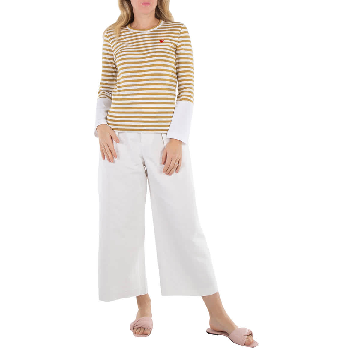 Cdg Play Футболка с длинным рукавом с горизонтальной полосатой эмблемой в виде сердца, оливковый/белый 
Cdg Play Футболка с длинным рукавом с горизонтальной полосатой эмблемой в виде сердца, оливковый/белый