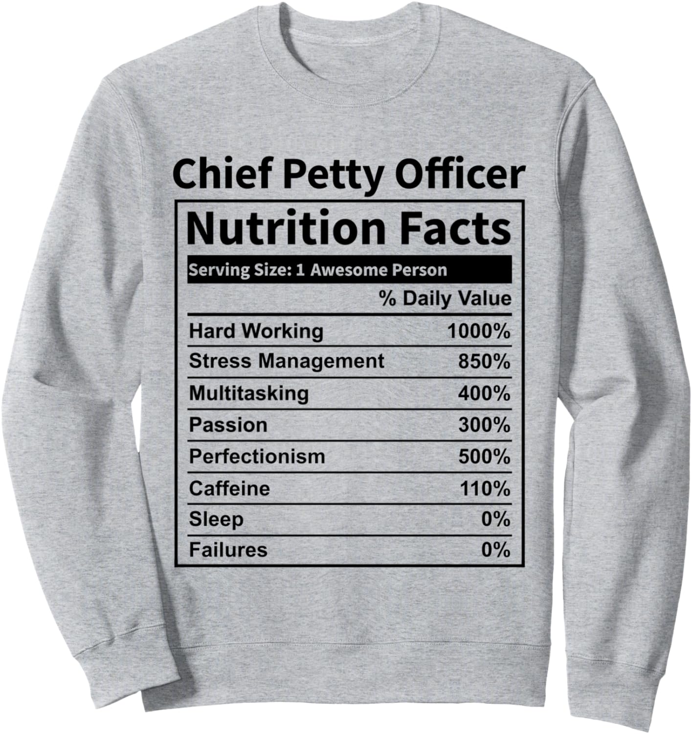 Забавная толстовка для мужчин и женщин с надписью «Информация о питании для старшего унтер-офицера», серая, размер S Nutritional Facts Co. For Cpos
Забавная толстовка для мужчин и женщин с надписью «Информация о питании для старшего унтер-офицера», серая, размер S Nutritional Facts Co. For Cpos