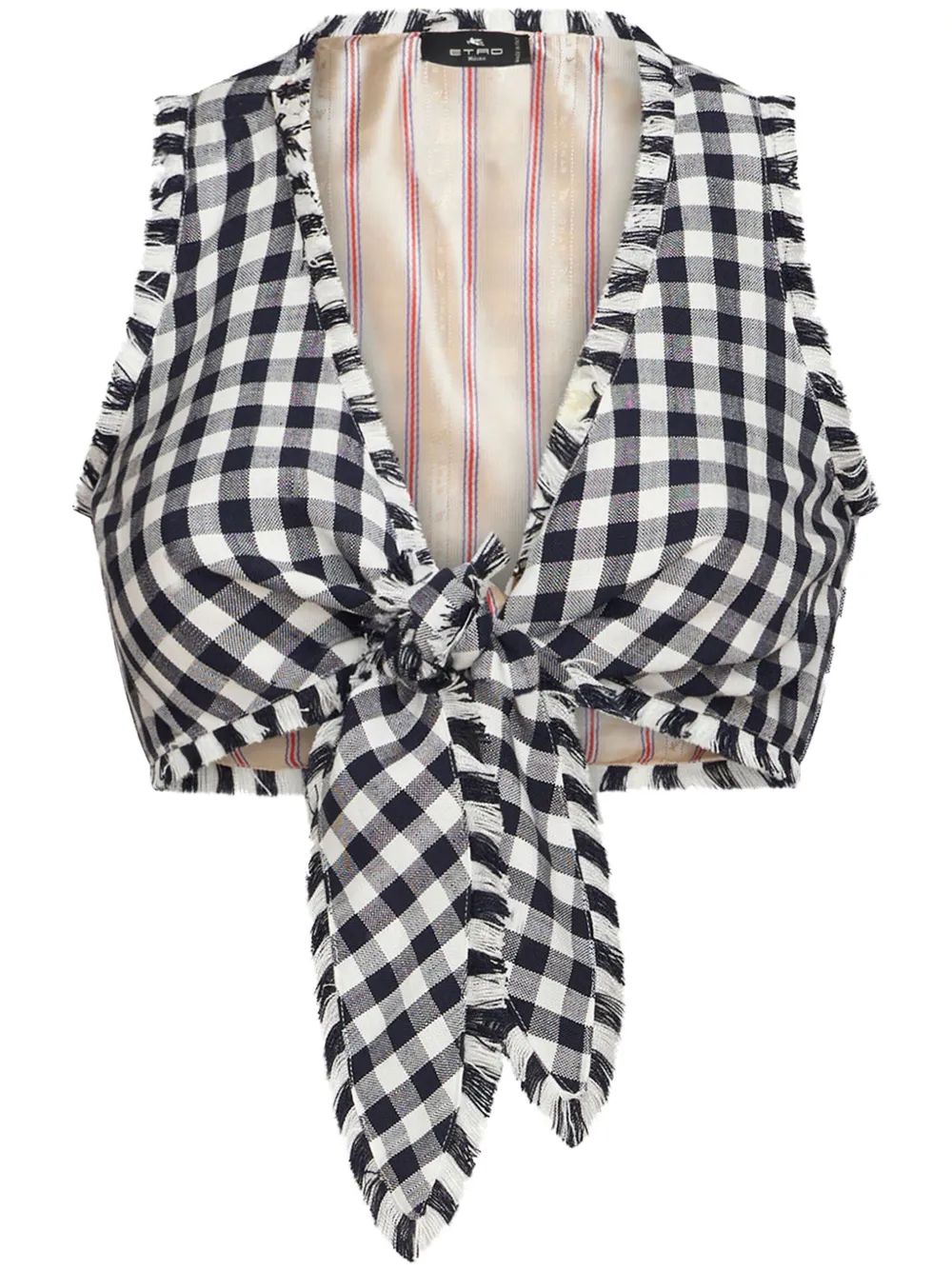 Укороченный топ в клетку гингем с бахромой Etro, черный
Укороченный топ в клетку гингем с бахромой Etro, черный