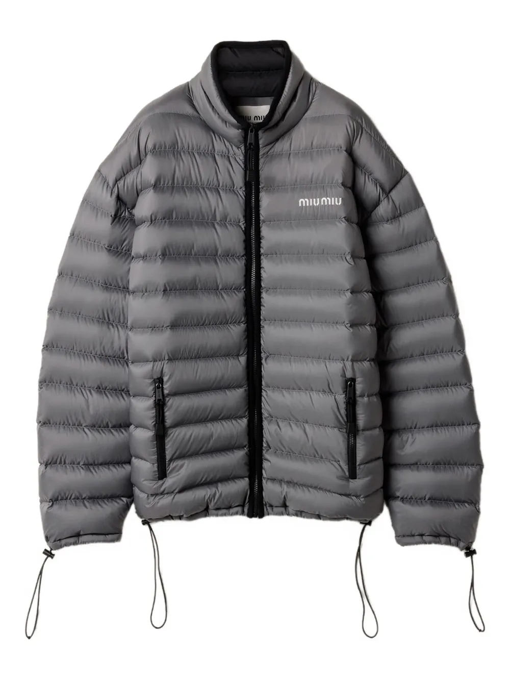 Пуховик с кулисками на манжетах MIU MIU, серый 
Пуховик с кулисками на манжетах MIU MIU, серый