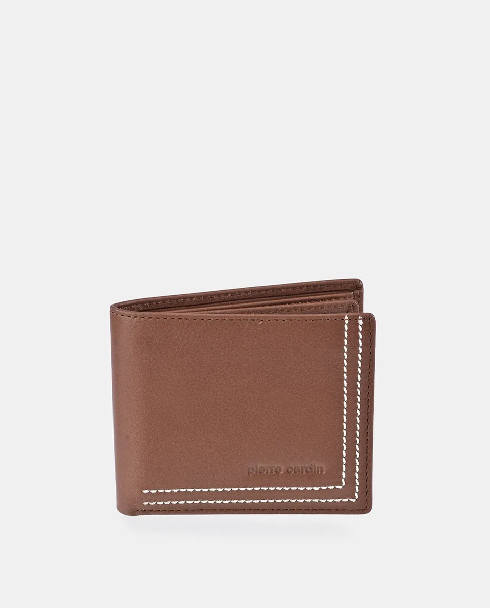 Мужской американский кошелек PIERRE CARDIN из черной кожи с синей строчкой, коричневый