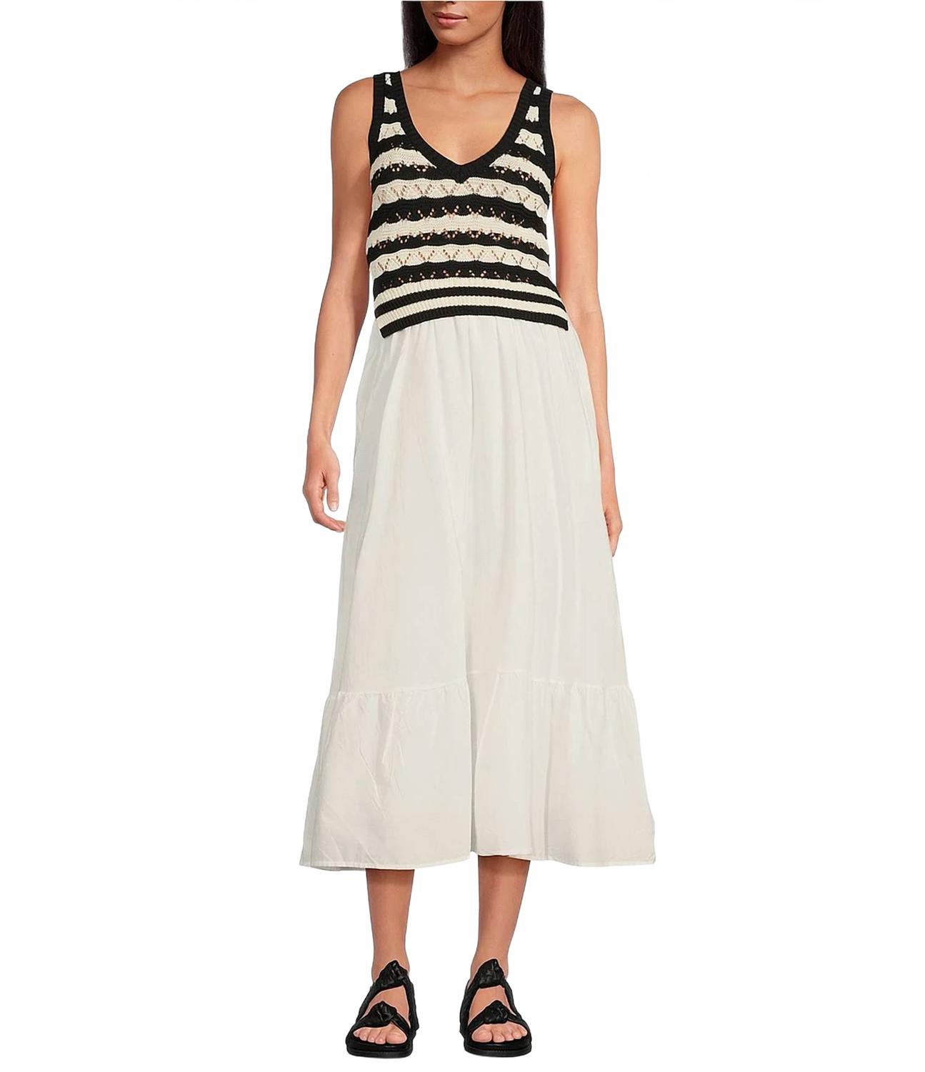 Черное платье миди в полоску из комбинированных тканей ELAN
Черное платье миди в полоску из комбинированных тканей ELAN