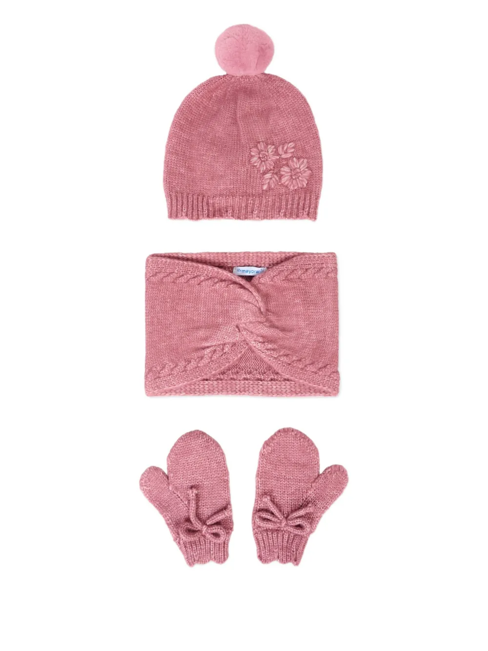 Вязаная шапка с цветочной вышивкой (комплект из трех штук) Mayoral, розовый 
Вязаная шапка с цветочной вышивкой (комплект из трех штук) Mayoral, розовый