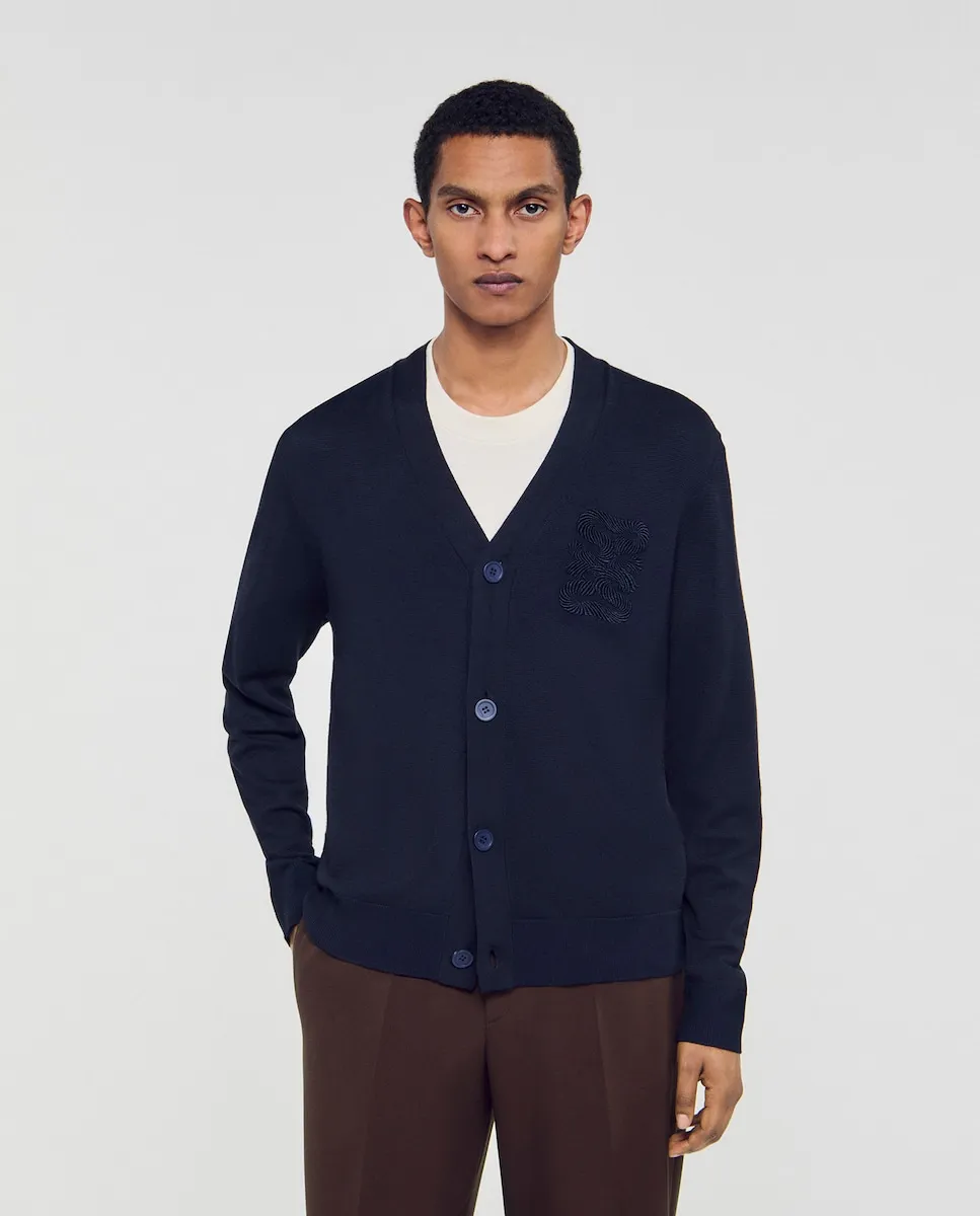 Мужской кардиган с вышивкой в виде веревки Sandro, темно-синий
Мужской кардиган с вышивкой в виде веревки Sandro, темно-синий