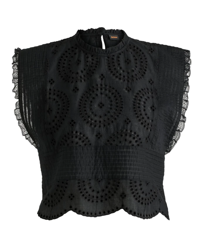 Кружевная блузка из хлопка с плиссировкой. Hugo, черный
Кружевная блузка из хлопка с плиссировкой. Hugo, черный