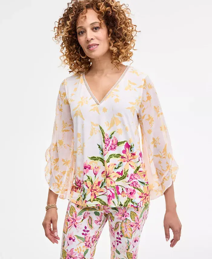 Женский топ с принтом, декором, V-образным вырезом и рукавами с рюшами JM Collection, оранжевый
Женский топ с принтом, декором, V-образным вырезом и рукавами с рюшами JM Collection, оранжевый