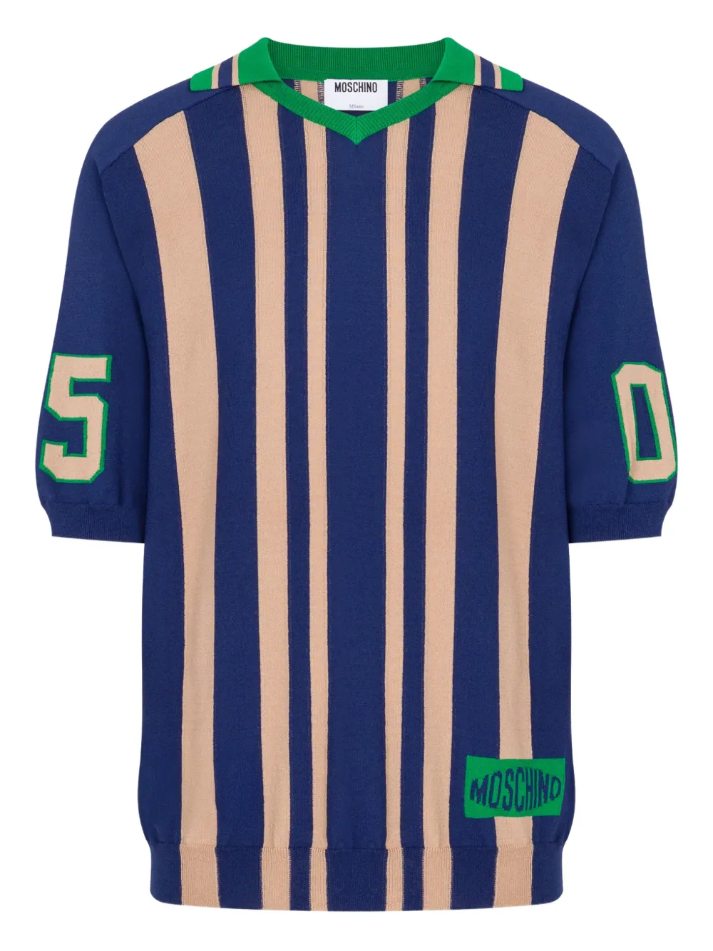 Полосатая футболка с V-образным вырезом Moschino, синий
Полосатая футболка с V-образным вырезом Moschino, синий