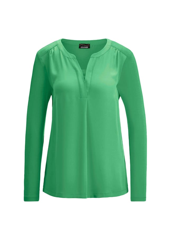Короткий размер: блузка-рубашка с шифоновой вставкой Goldner, зеленый
Короткий размер: блузка-рубашка с шифоновой вставкой Goldner, зеленый