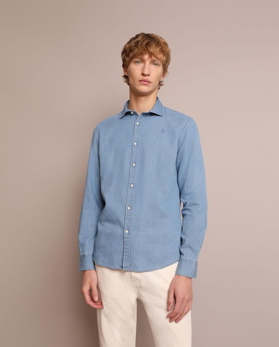 Однотонная узкая мужская рубашка синего цвета из денима Scalpers, синий
Однотонная узкая мужская рубашка синего цвета из денима Scalpers, синий