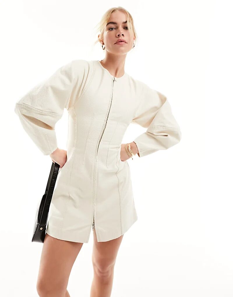 Мини-платье с корсетной талией, молнией спереди и скульптурными рукавами бежевого цвета & Other Stories 
Мини-платье с корсетной талией, молнией спереди и скульптурными рукавами бежевого цвета & Other Stories