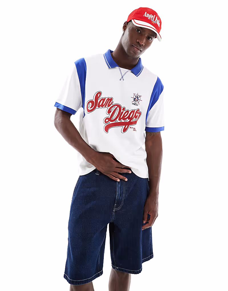 Свободное поло свободного кроя с городским принтом и вставками белого и синего цветов Asos Design
Свободное поло свободного кроя с городским принтом и вставками белого и синего цветов Asos Design